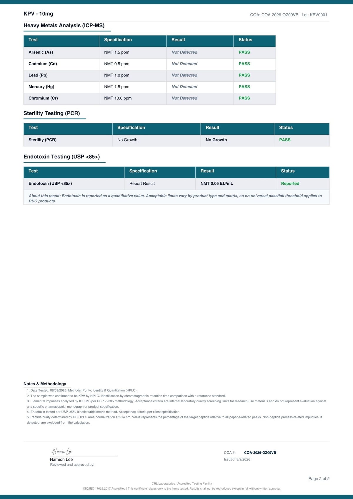 KPV Tripeptide certificate page 4 of 4