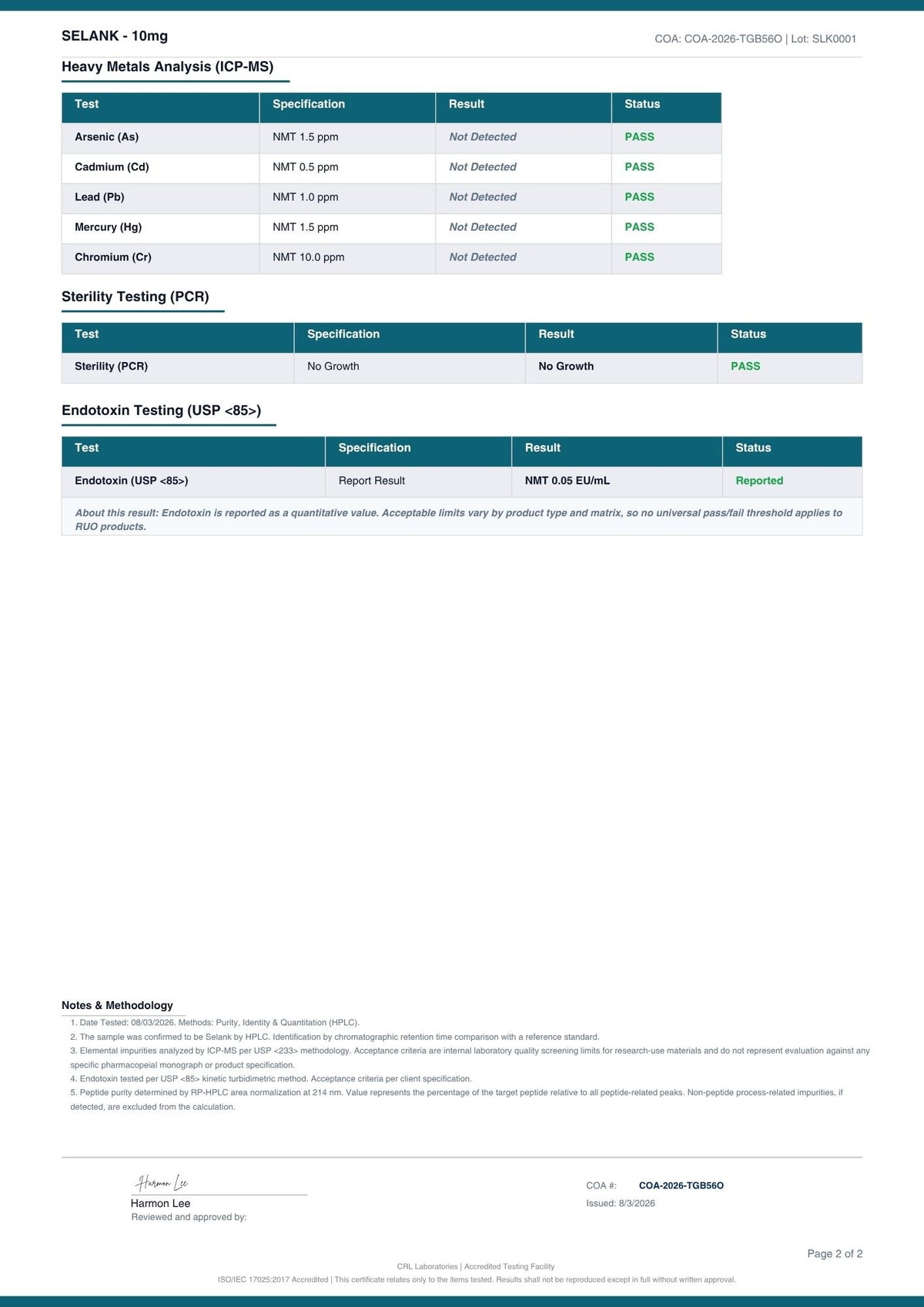 Selank certificate page 2 of 2