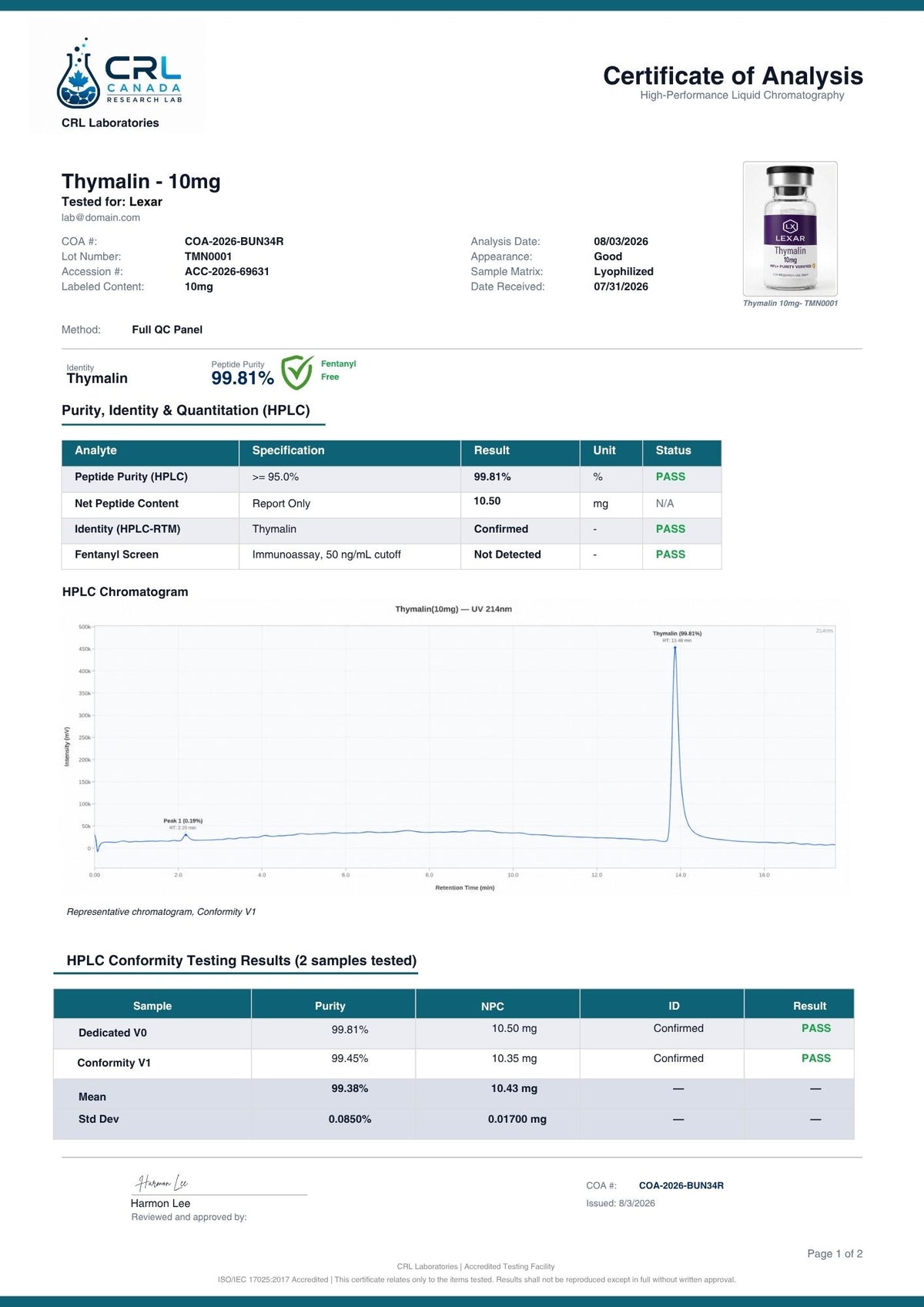 Thymalin certificate page 1 of 2
