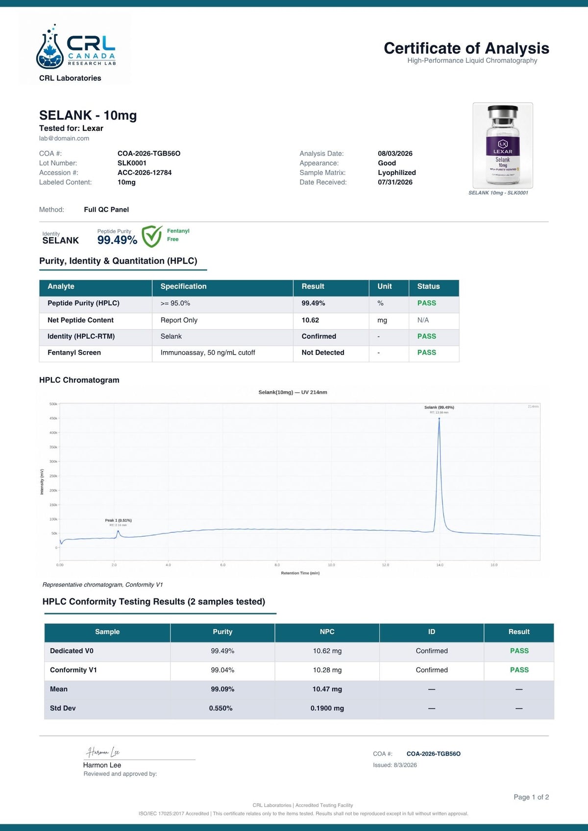 Selank certificate page 1 of 2