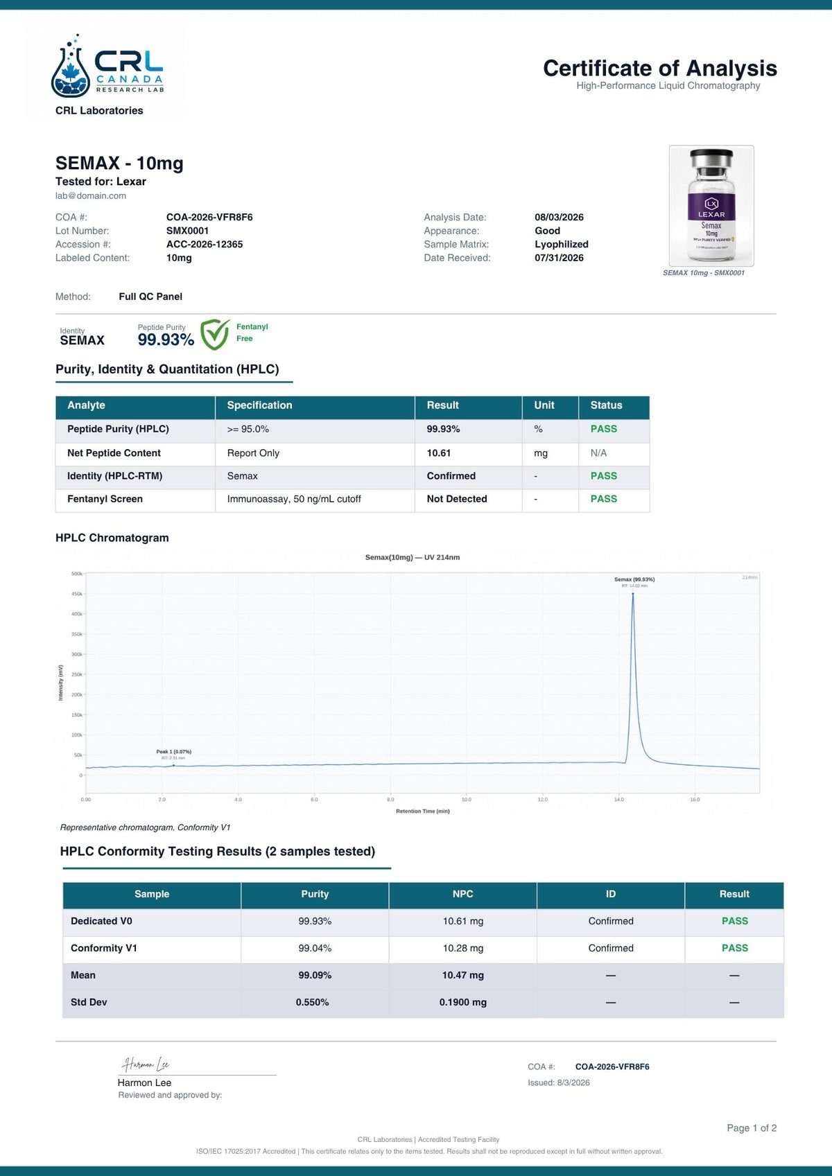 Semax certificate page 1 of 2